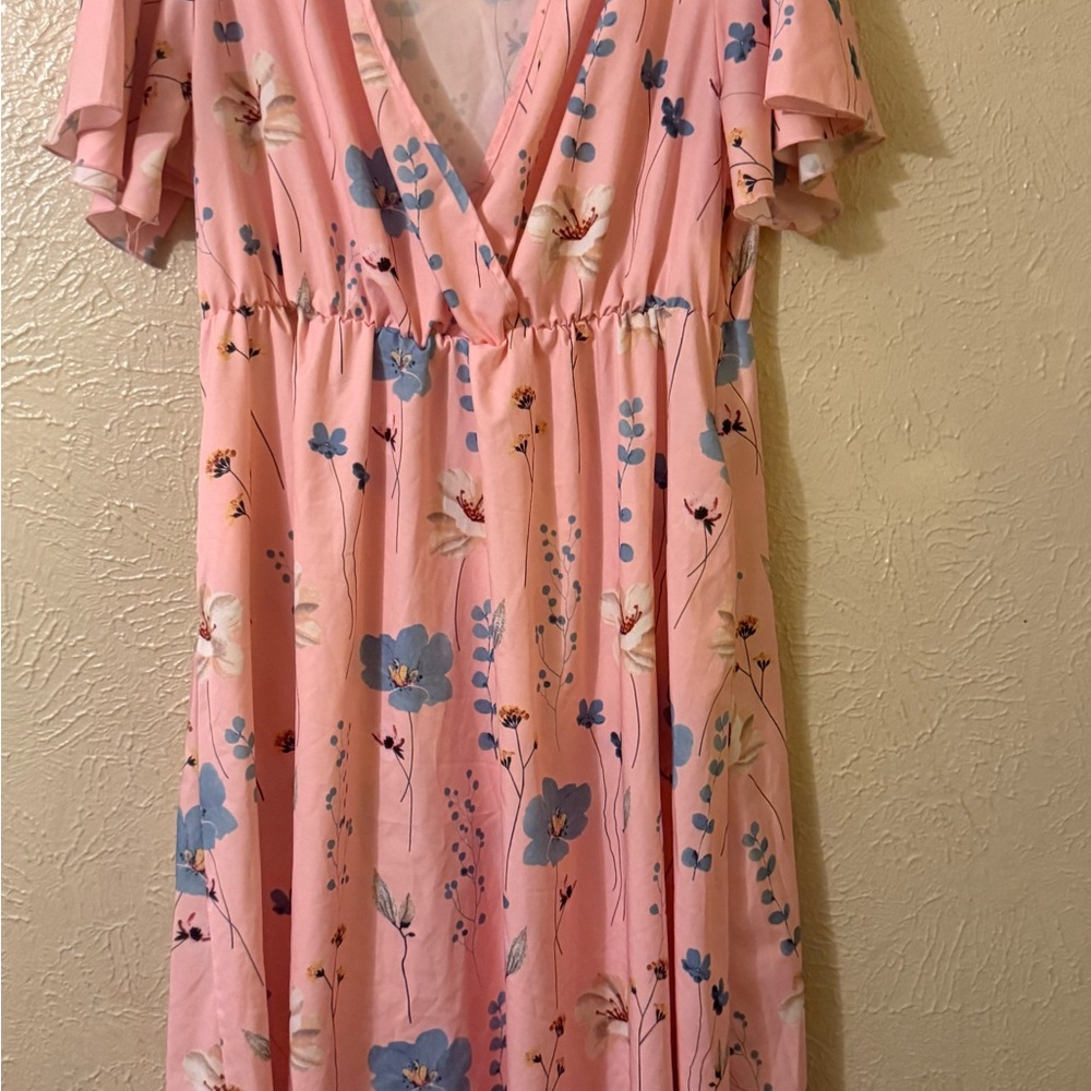 Pink Floral V-Neck Maxi Dress • Size 2X • Flowing Short Sleeve Sundress